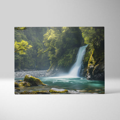 Canvas wall art featuring a vibrant waterfall cascading into a turquoise pool surrounded by mossy rocks and lush green.