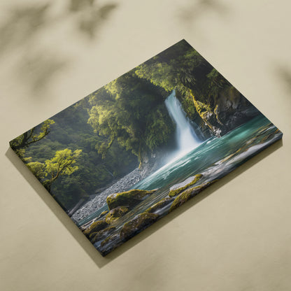 Canvas wall art showing a turquoise pool with moss-covered rocks and a waterfall framed by dense green forest.