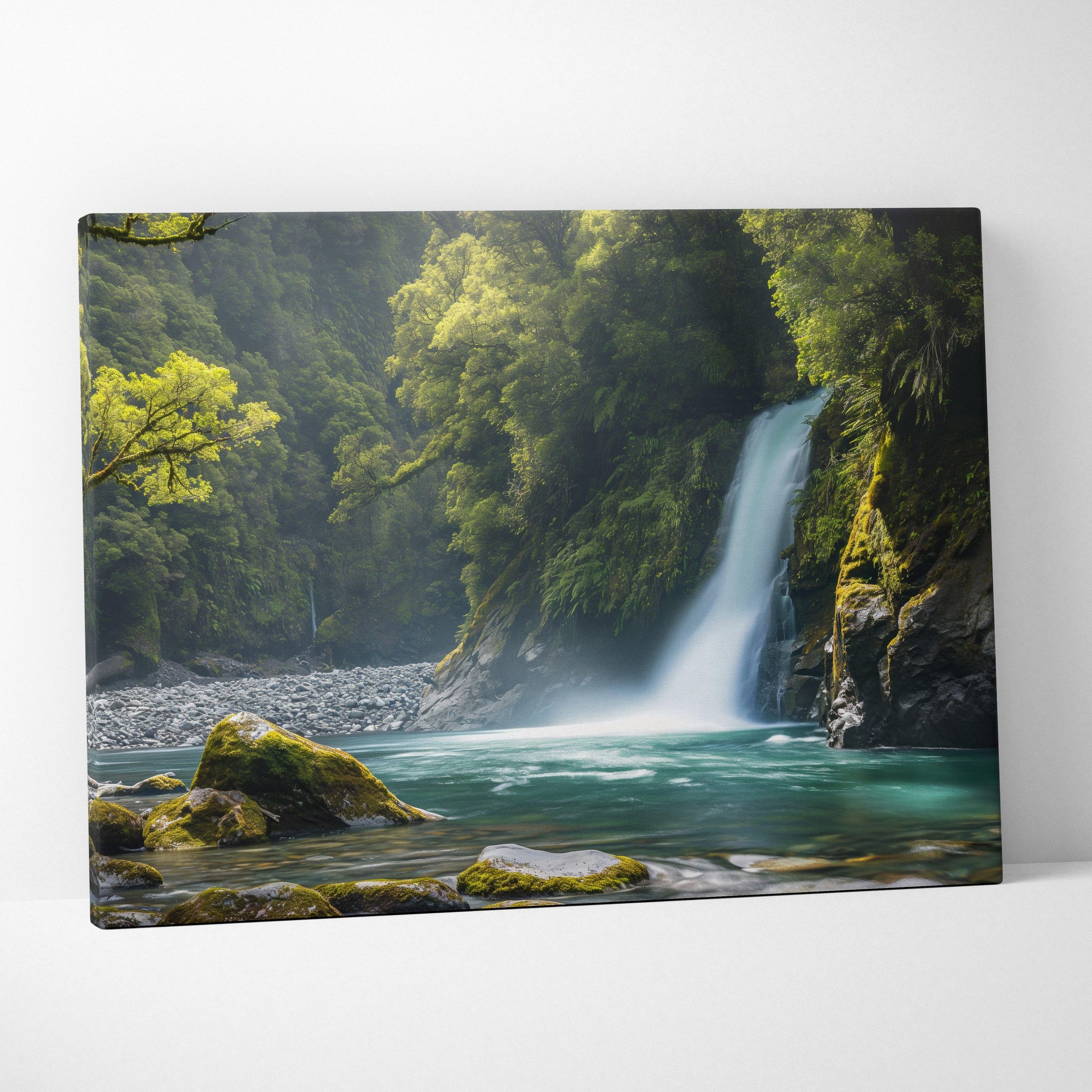 Canvas wall art featuring a turquoise pool with cascading waterfall and mossy rocks in a lush forest setting.