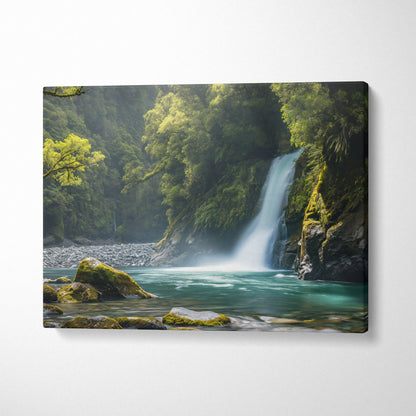 Waterfall canvas wall art with turquoise pool and mossy rocks in lush green forest decor.