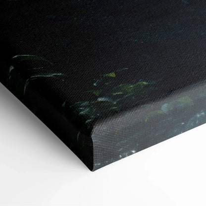 Close-up of canvas wall art corner showing dark forest and waterfall with rich greens and blues on textured fabric.