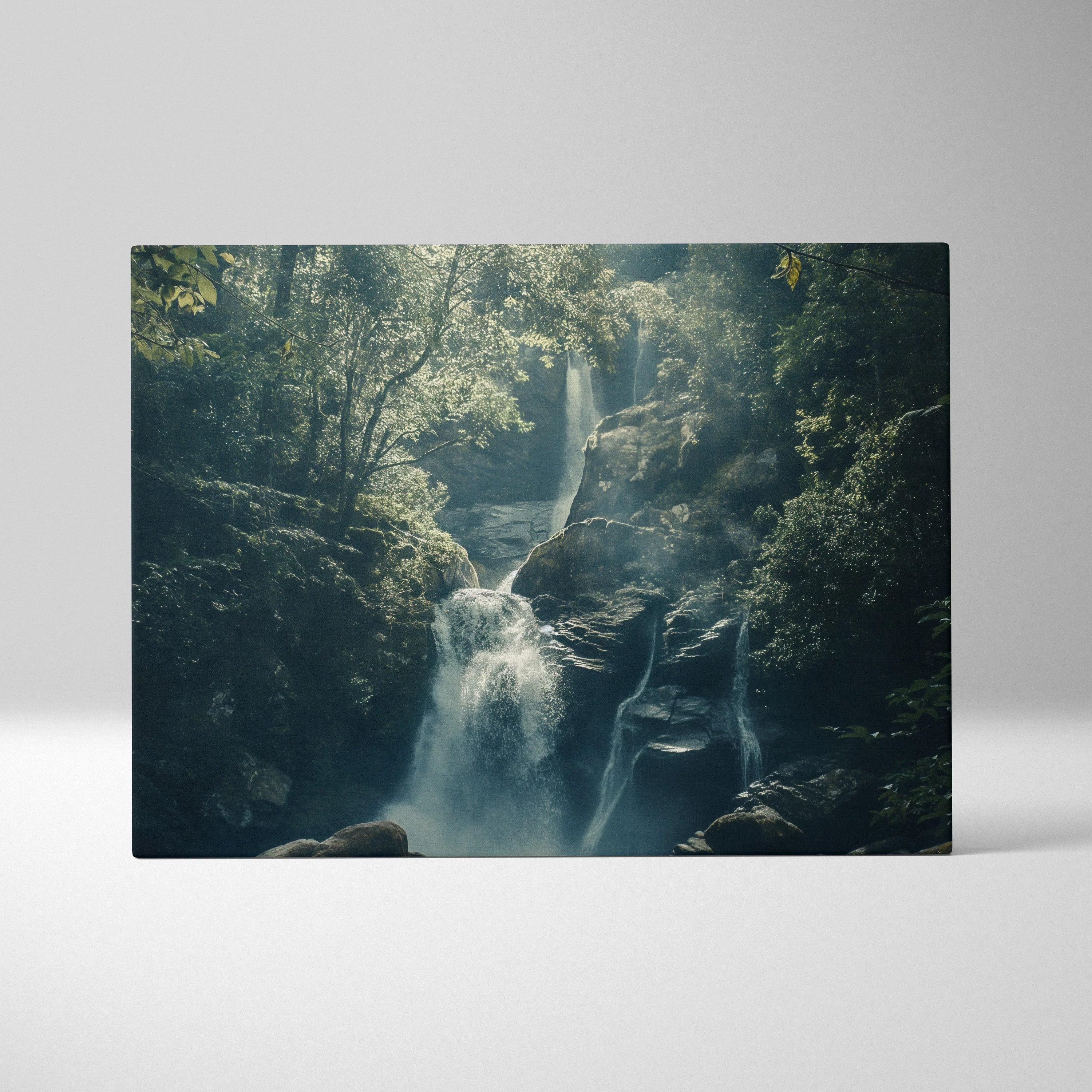 Canvas wall art featuring a high-resolution nature scene of a cascading waterfall surrounded by lush green forest.