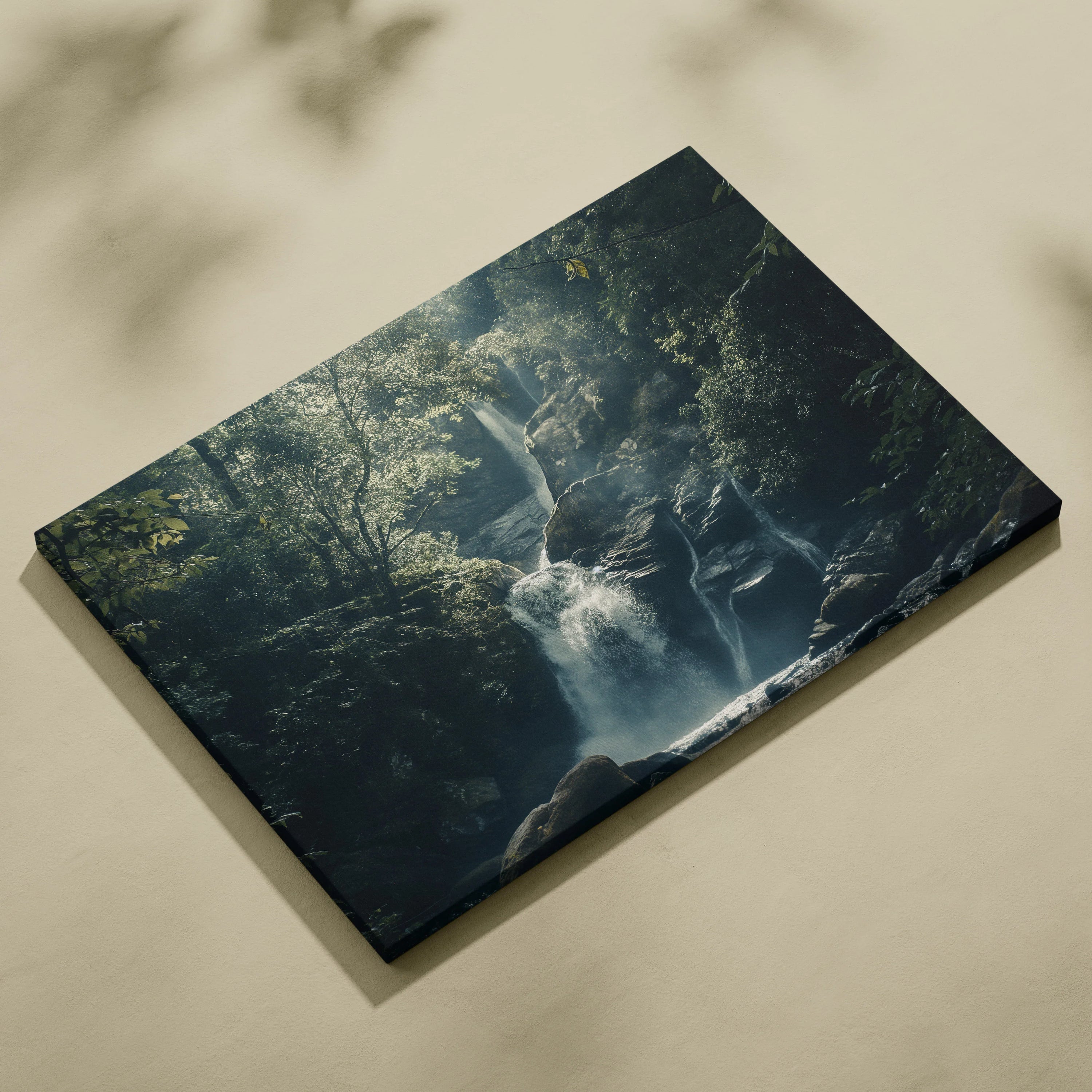 Canvas wall art featuring a serene forest waterfall scene with lush green trees and flowing water.