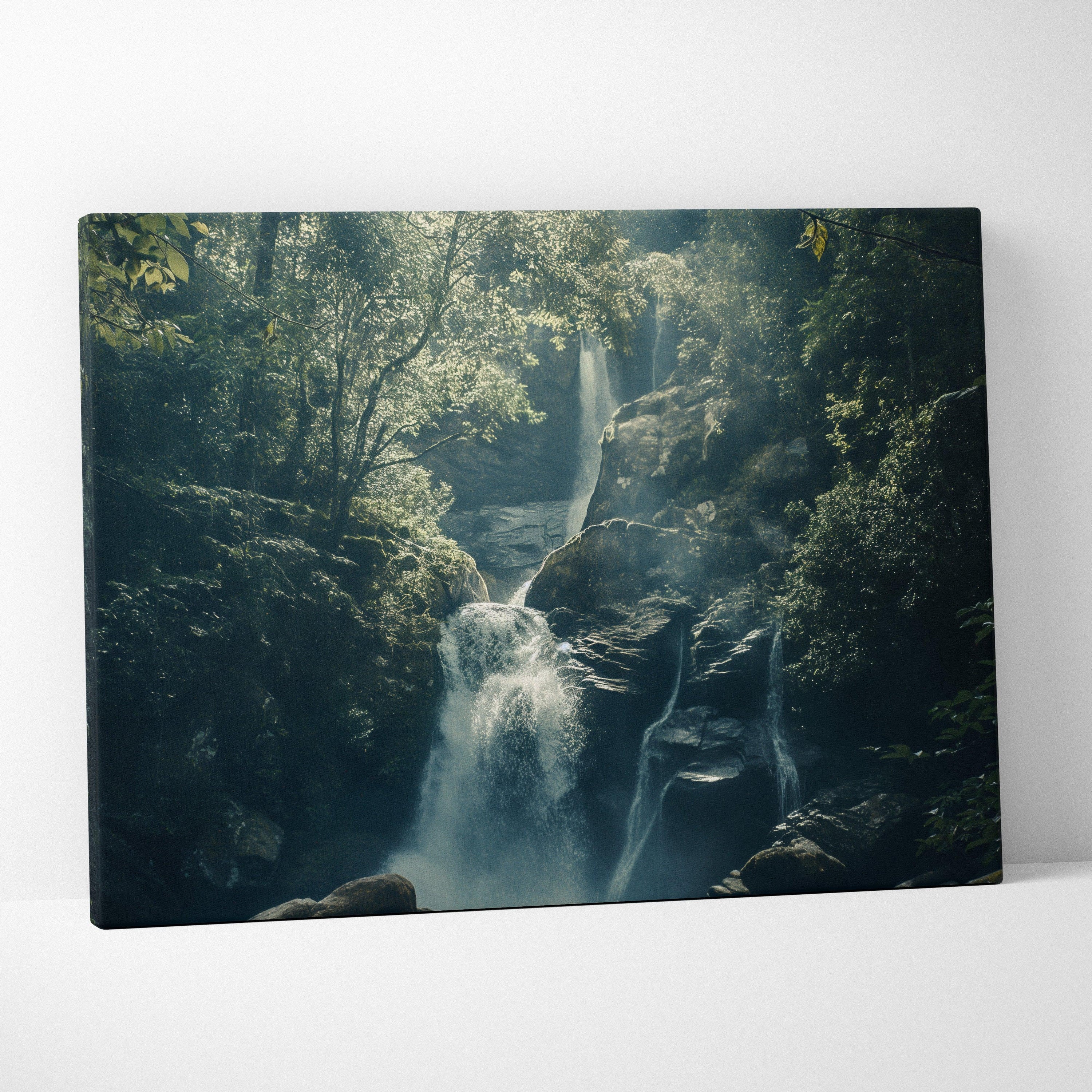 Canvas wall art depicting a lush green forest with cascading waterfalls and misty light effects.