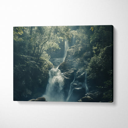 Waterfall in a forest canvas wall art with misty blue and green nature decor tones.
