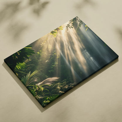Canvas wall art featuring a sunlit tropical forest with lush green foliage and cascading waterfall rays.