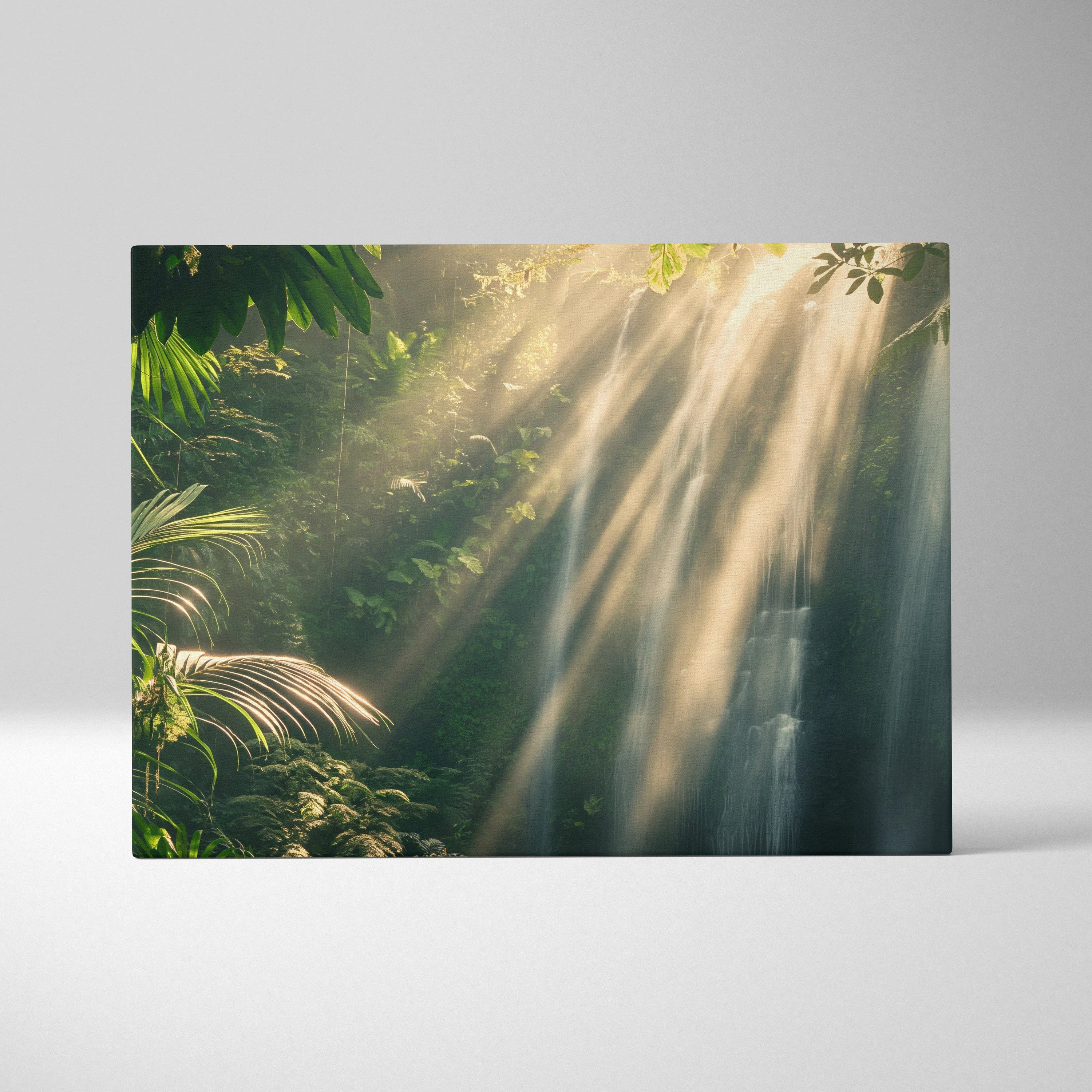 Canvas wall art featuring a tropical forest with sunlight streaming through dense green foliage and illuminating a hidden.