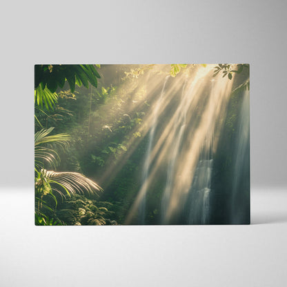 Canvas wall art featuring a tropical forest with sunlight streaming through dense green foliage and illuminating a hidden.