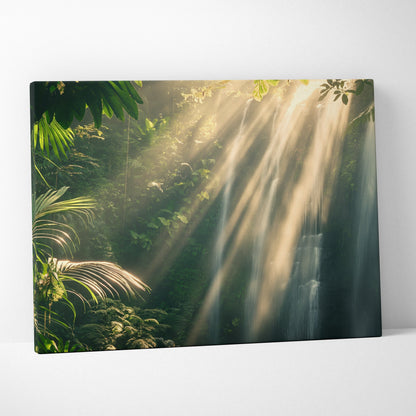 Canvas wall art featuring a tropical forest with sunbeams streaming through lush green foliage over a misty waterfall.