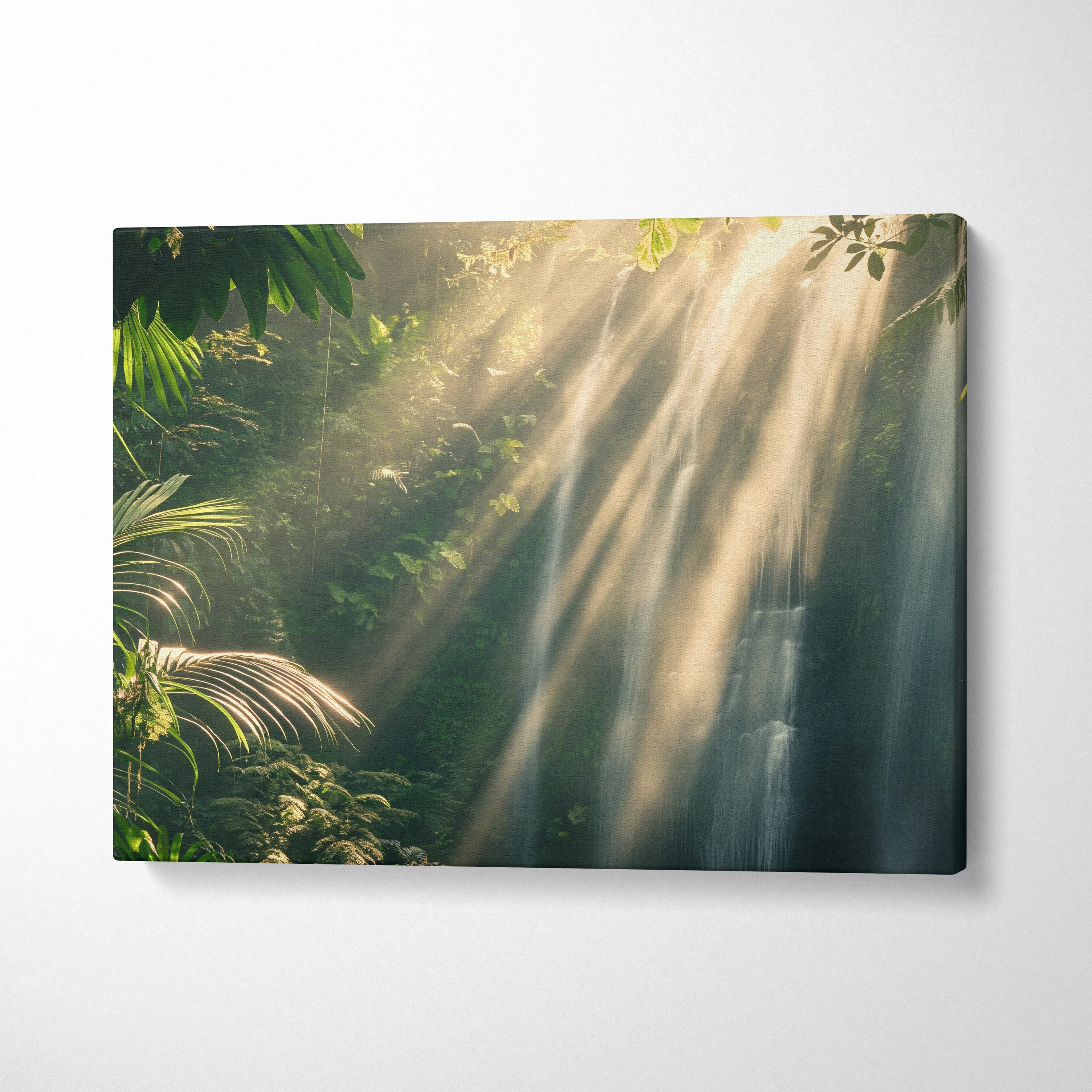 Canvas wall art featuring a tropical forest waterfall with sunlight rays filtering through lush greenery decor.