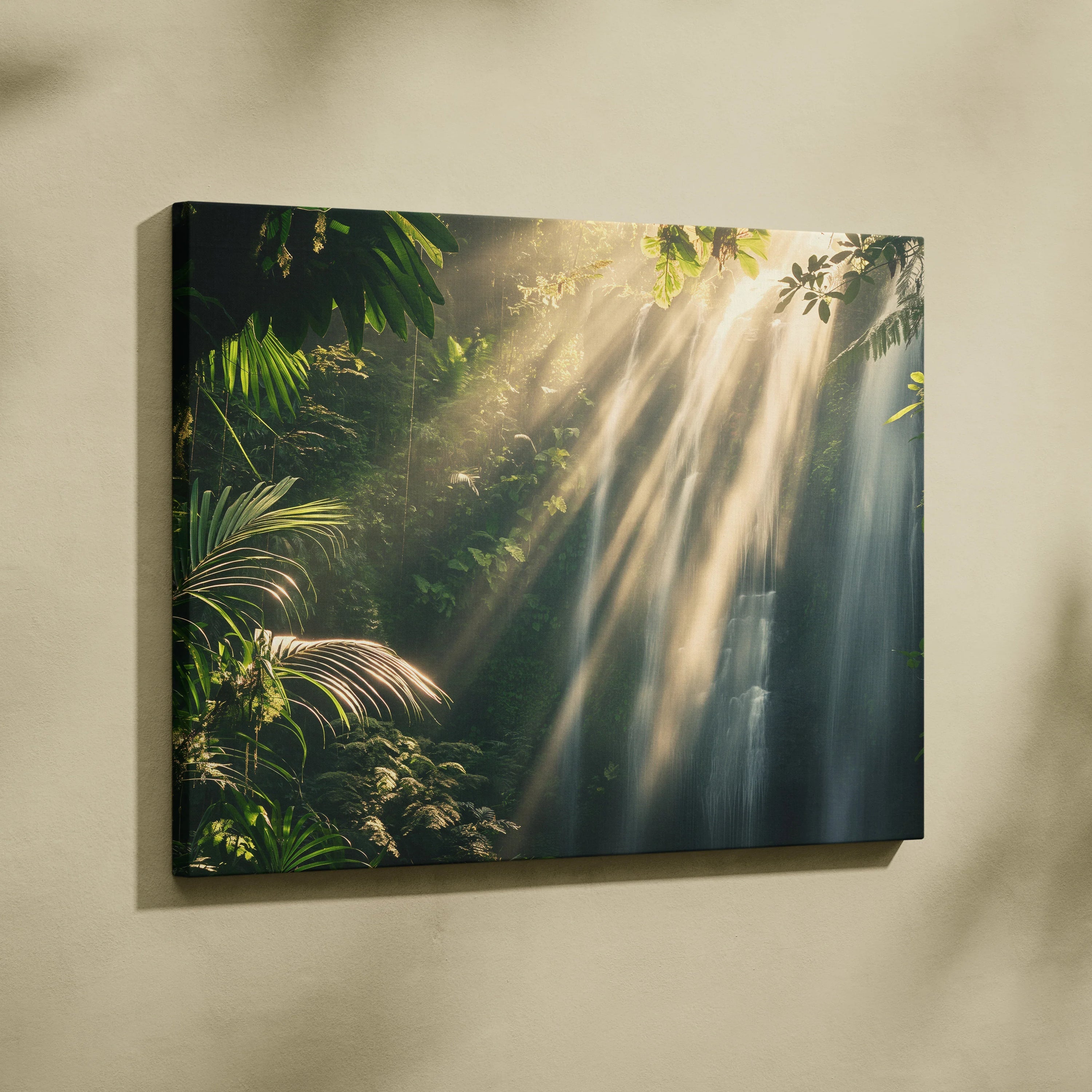 Canvas wall art featuring a tropical forest with sunlight filtering through dense green foliage and misty waterfall streams.