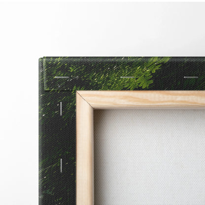 Close-up of natural wood-framed canvas showing textured waterfall and forest art with deep green and dark tones.