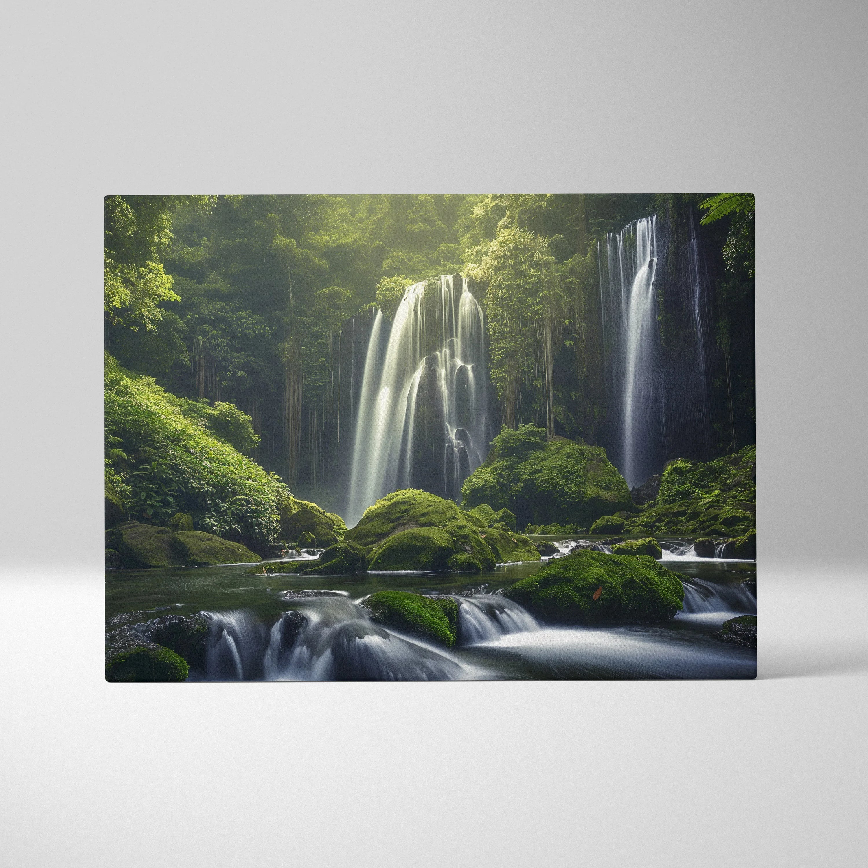 High-resolution canvas wall art featuring a serene forest waterfall with lush green moss and flowing water.