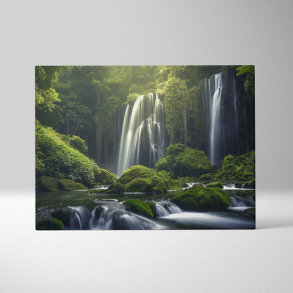 High-resolution canvas wall art featuring a serene forest waterfall with lush green moss and flowing water.