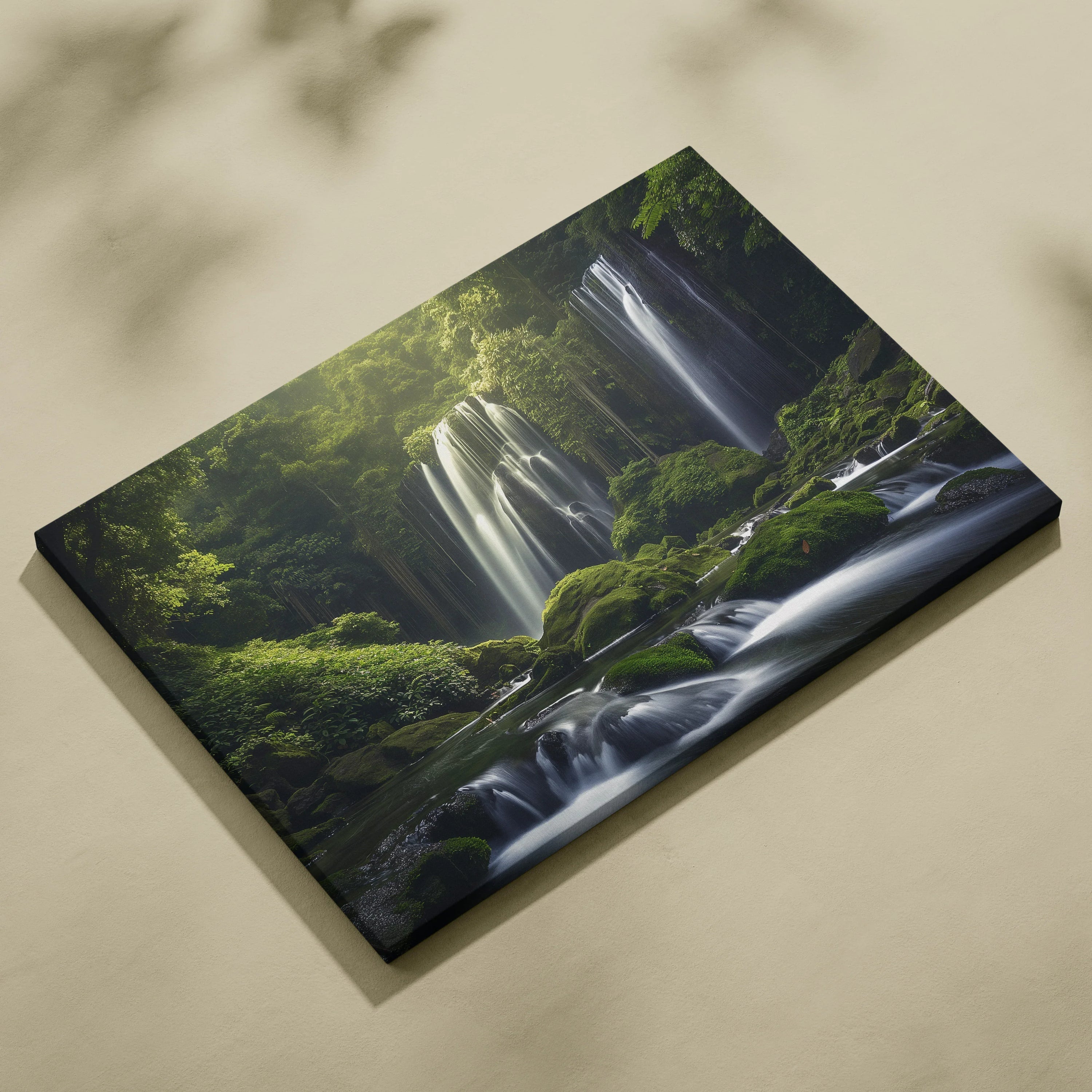 Canvas wall art featuring a high-resolution waterfall cascading through a lush green forest, rich in natural detail and.