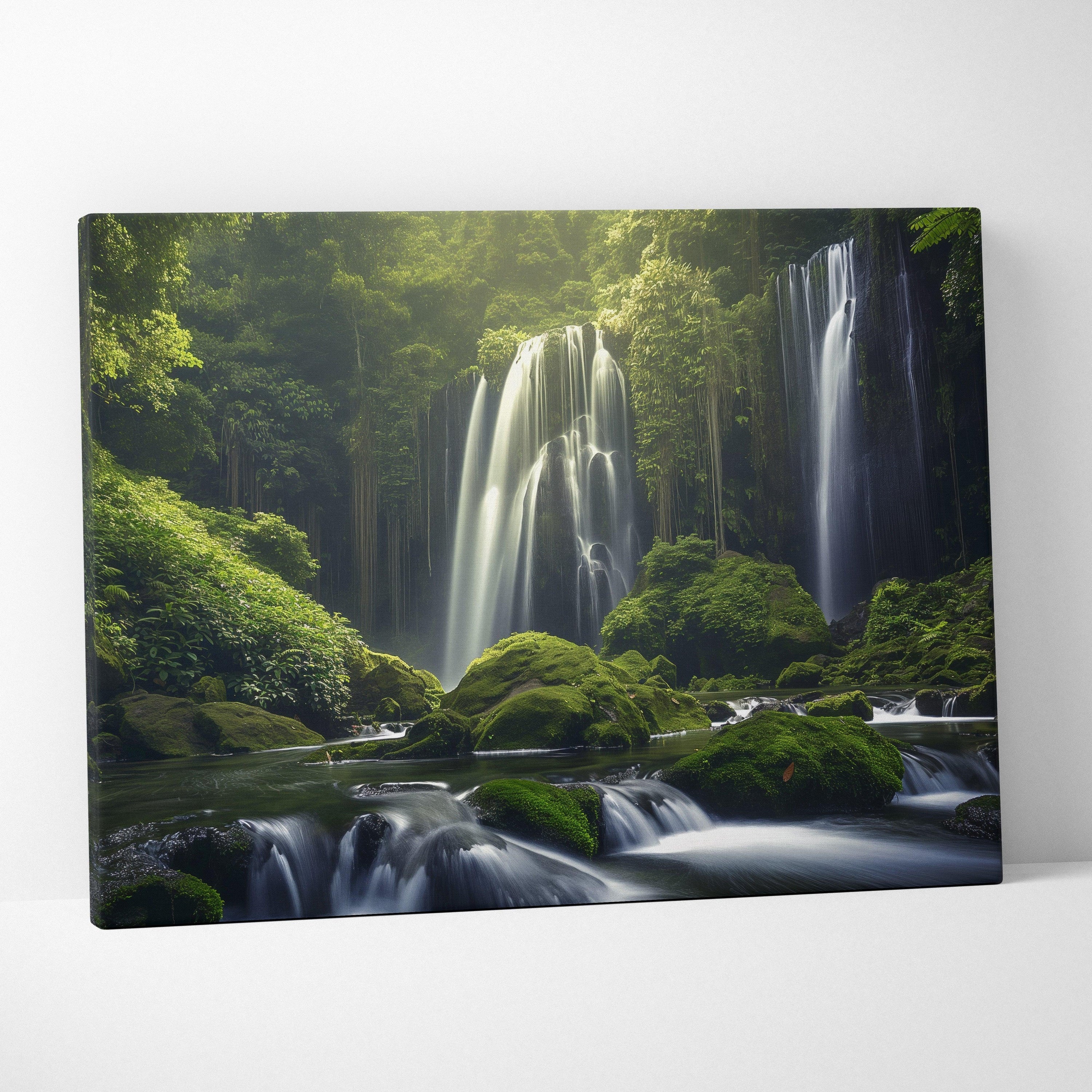 High-resolution canvas wall art of a lush green forest with cascading waterfalls and moss-covered rocks.