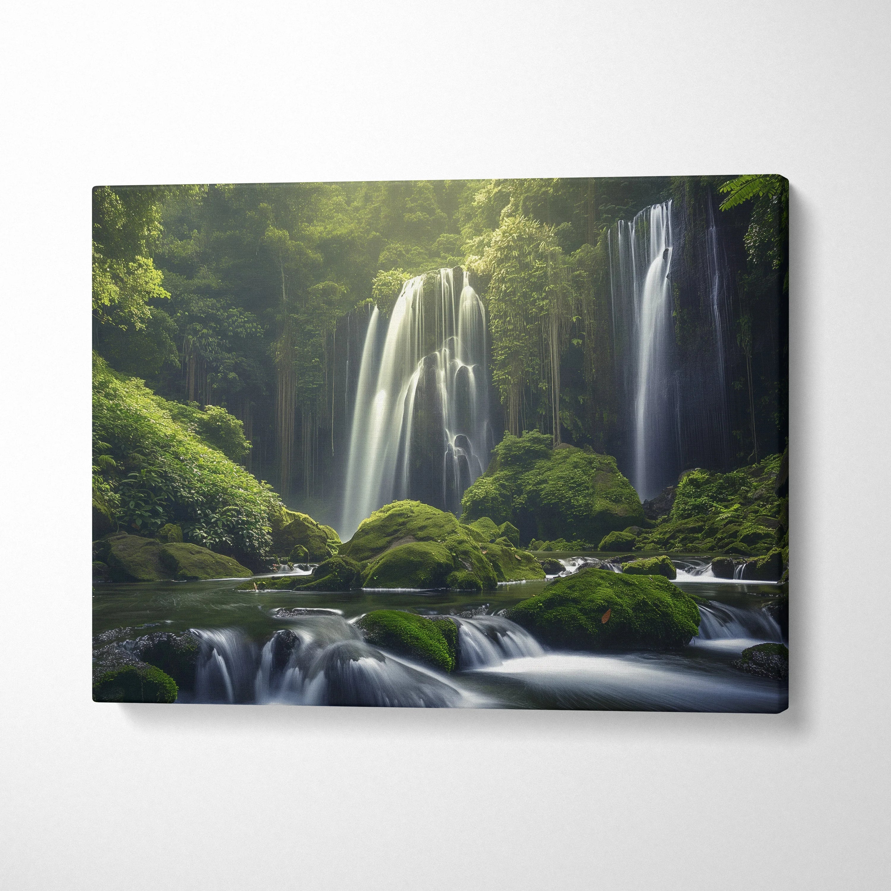 Waterfall in lush forest canvas wall art with vibrant green decor and flowing water scene.