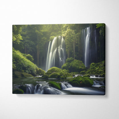 Waterfall in lush forest canvas wall art with vibrant green decor and flowing water scene.