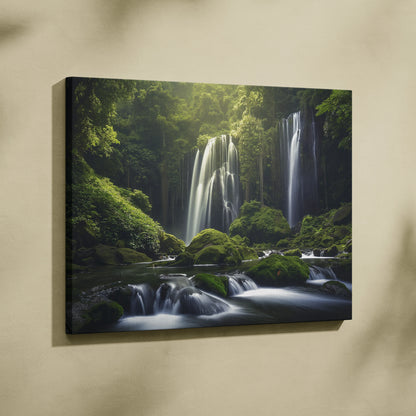 Canvas wall art featuring a lush green forest with cascading waterfalls and moss-covered rocks.