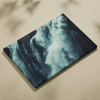 Waterfall close-up canvas wall art with rushing water in deep blue tones, nature decor.