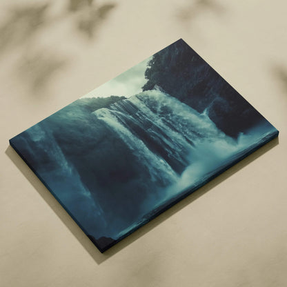 Canvas wall art featuring a high-resolution digital print of a misty waterfall surrounded by dark rocky cliffs.