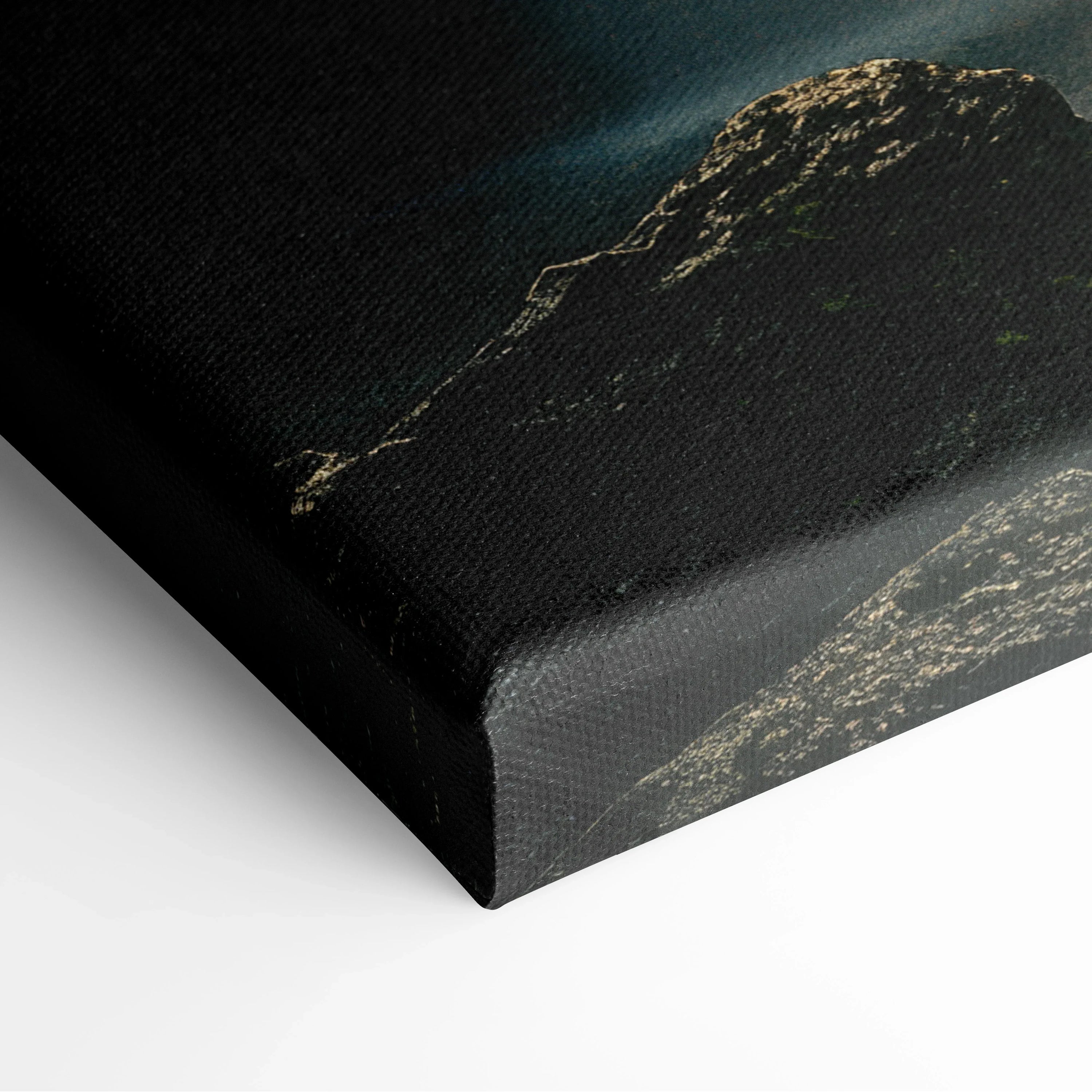 Dark forest waterfall landscape canvas wall art close-up corner with textured decor surface.