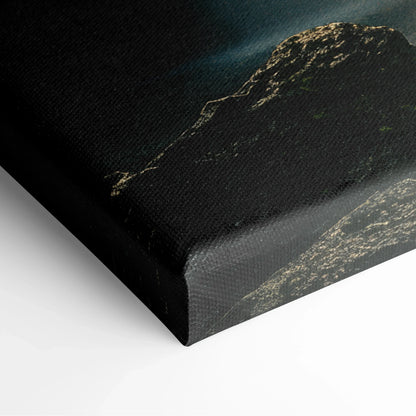 Dark forest waterfall landscape canvas wall art close-up corner with textured decor surface.