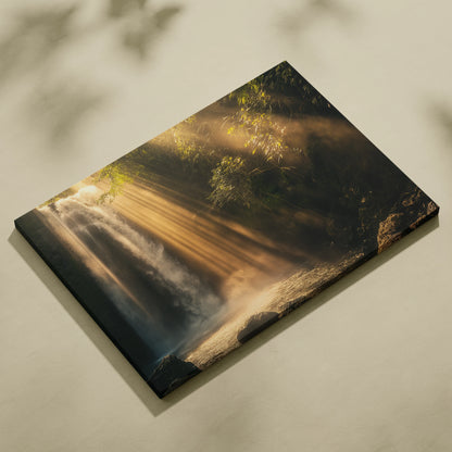 Waterfall nature canvas wall art with sunlit forest landscape and misty water decor.