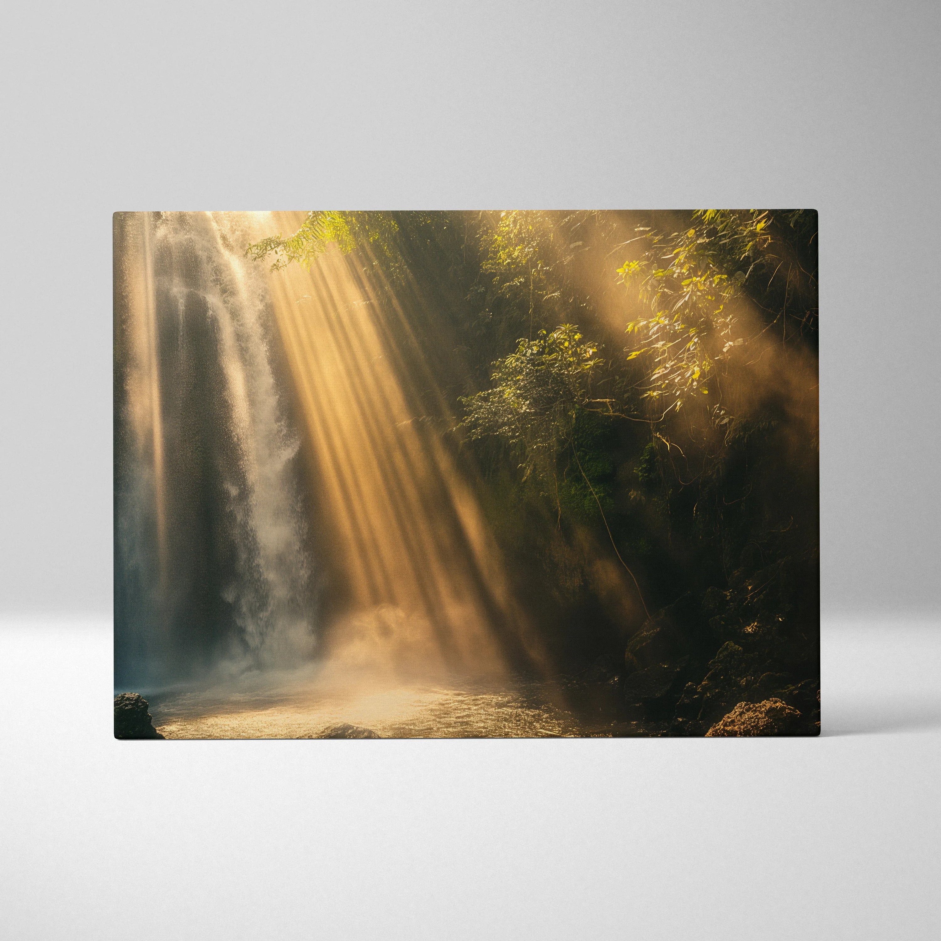 Waterfall nature canvas wall art with sunlight streaming through forest decor.