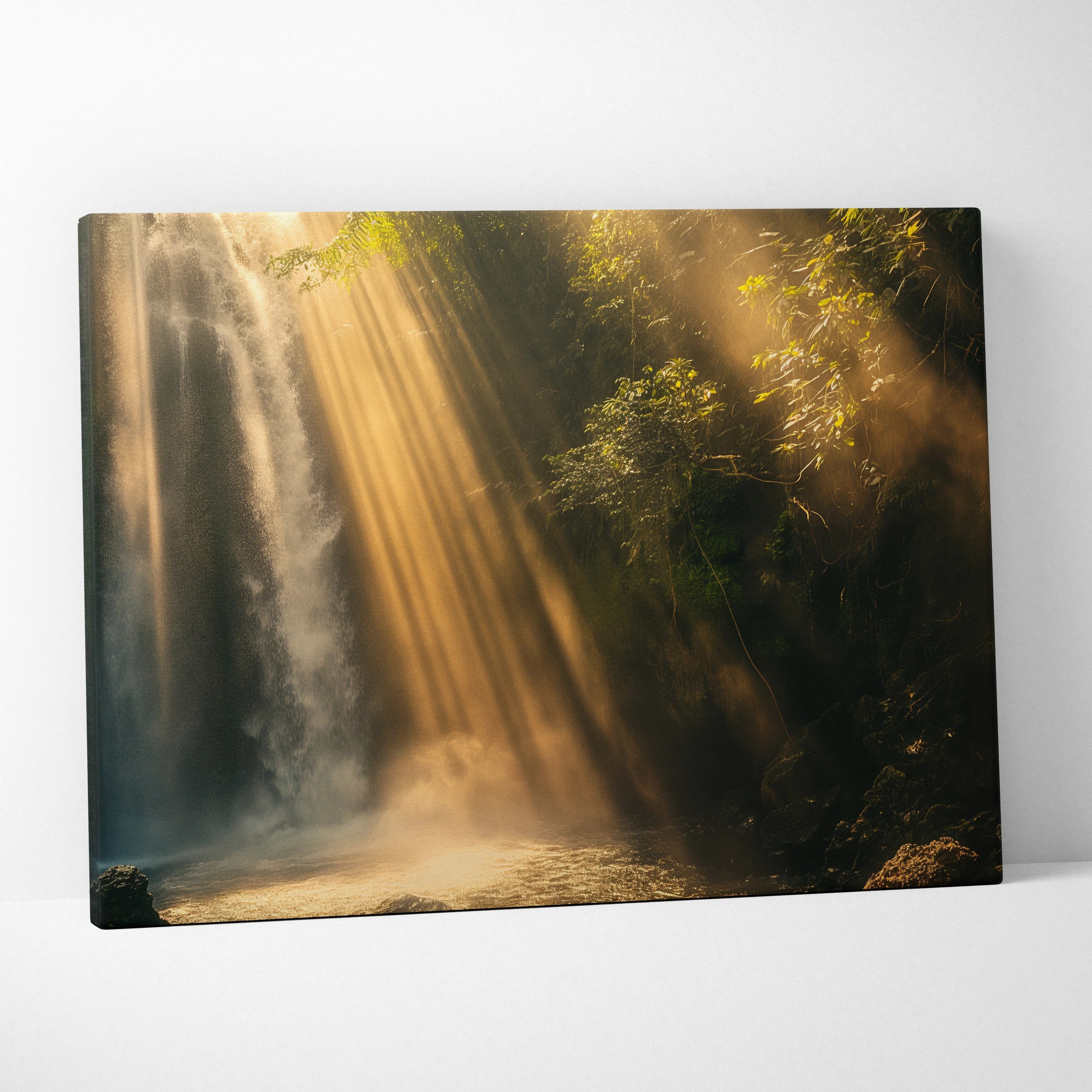 Canvas wall art featuring a serene waterfall with golden sunlight streaming through lush green forest foliage.