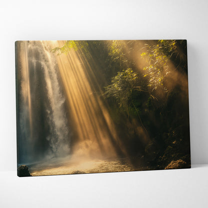 Canvas wall art featuring a serene waterfall with golden sunlight streaming through lush green forest foliage.