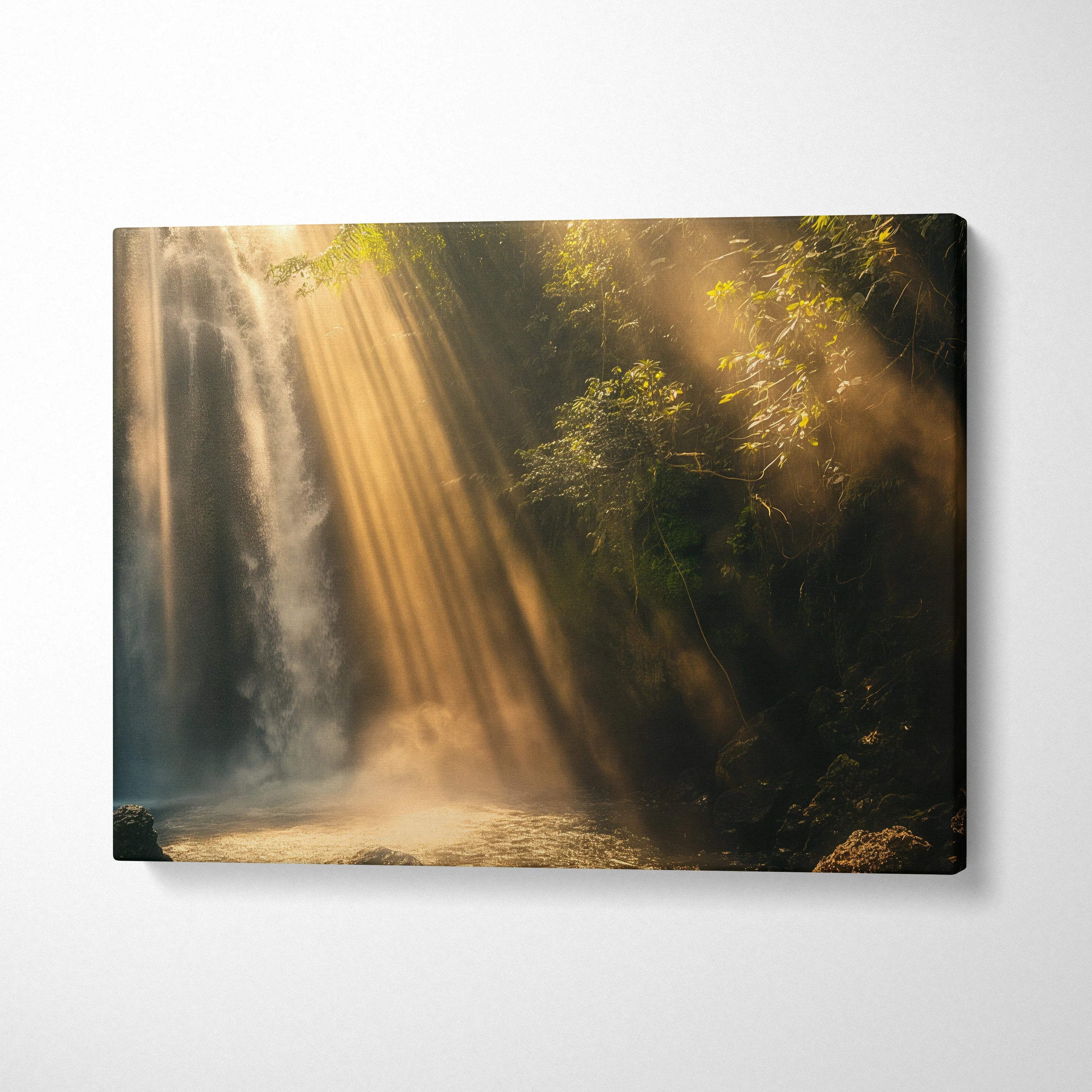 Waterfall nature canvas with sun rays through forest trees, serene landscape wall art decor.