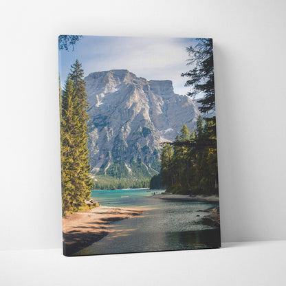 Green blue mountain lake canvas wall art featuring serene alpine forest and rugged peaks for living room decor