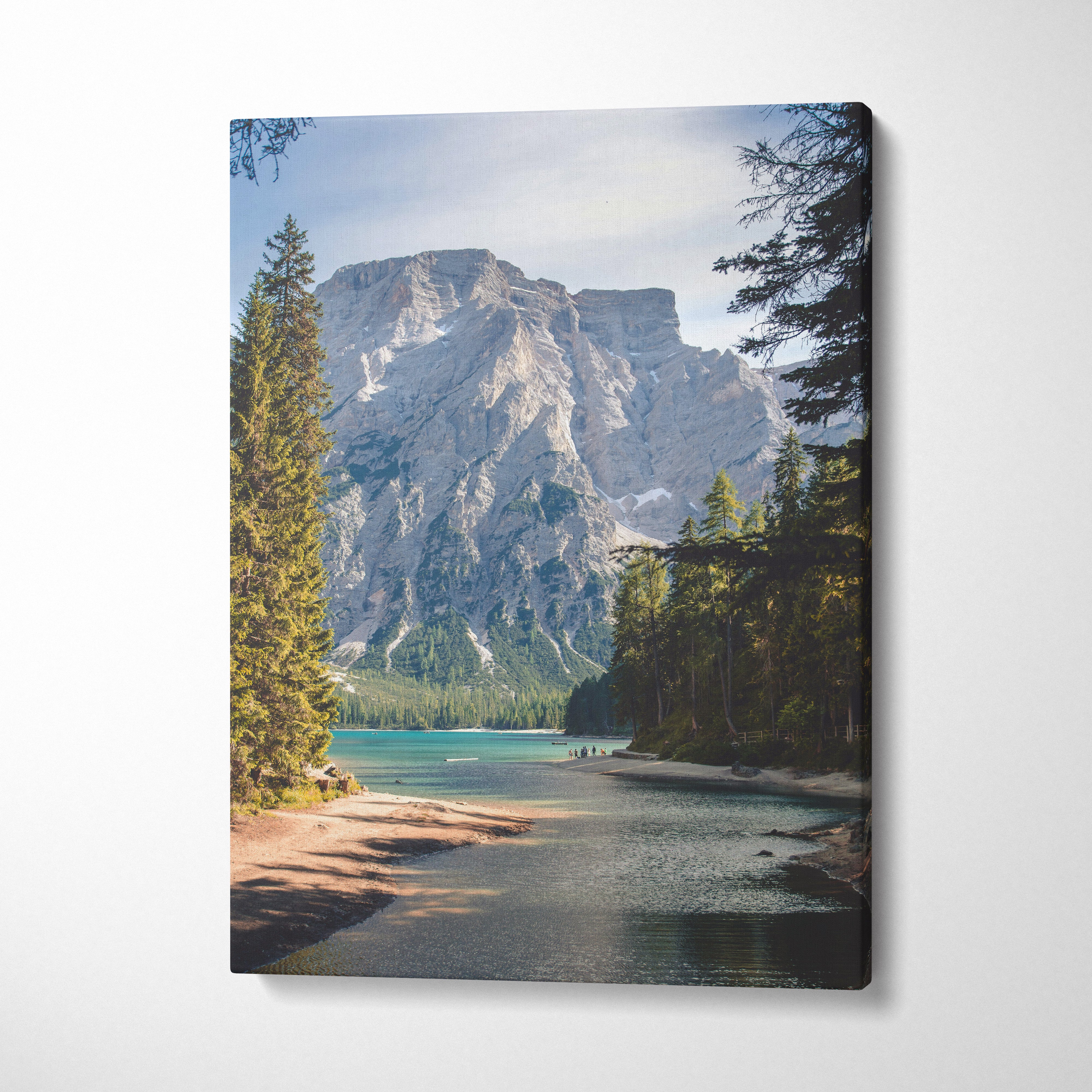 Green blue mountain lake canvas wall art featuring a serene alpine forest landscape with turquoise water and rocky peaks
