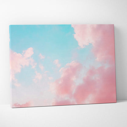 Pastel sky cloudscape canvas wall art in baby blue blush pink white dreamy mood