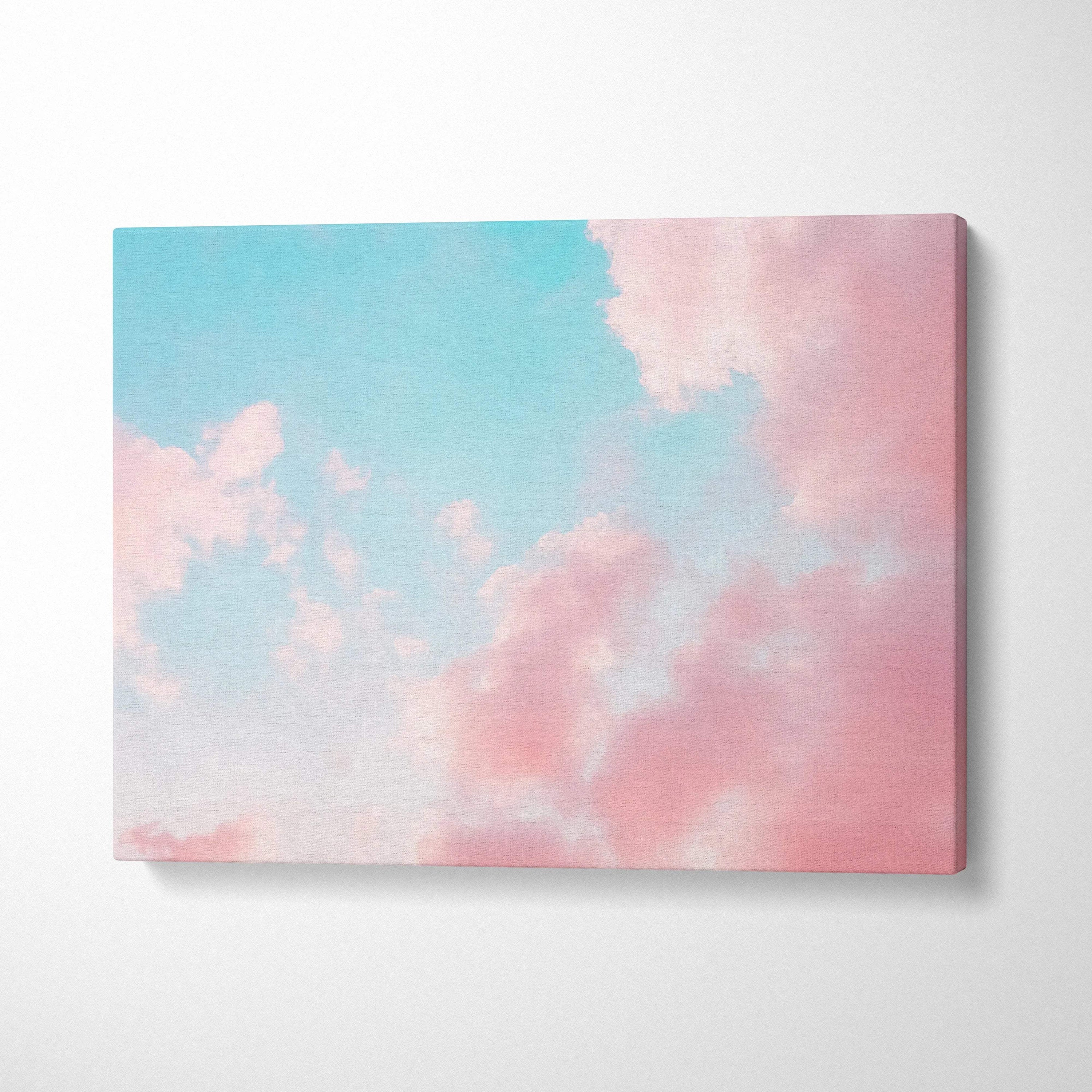 Pastel pink blue sky cloudscape canvas wall art in blush pink white