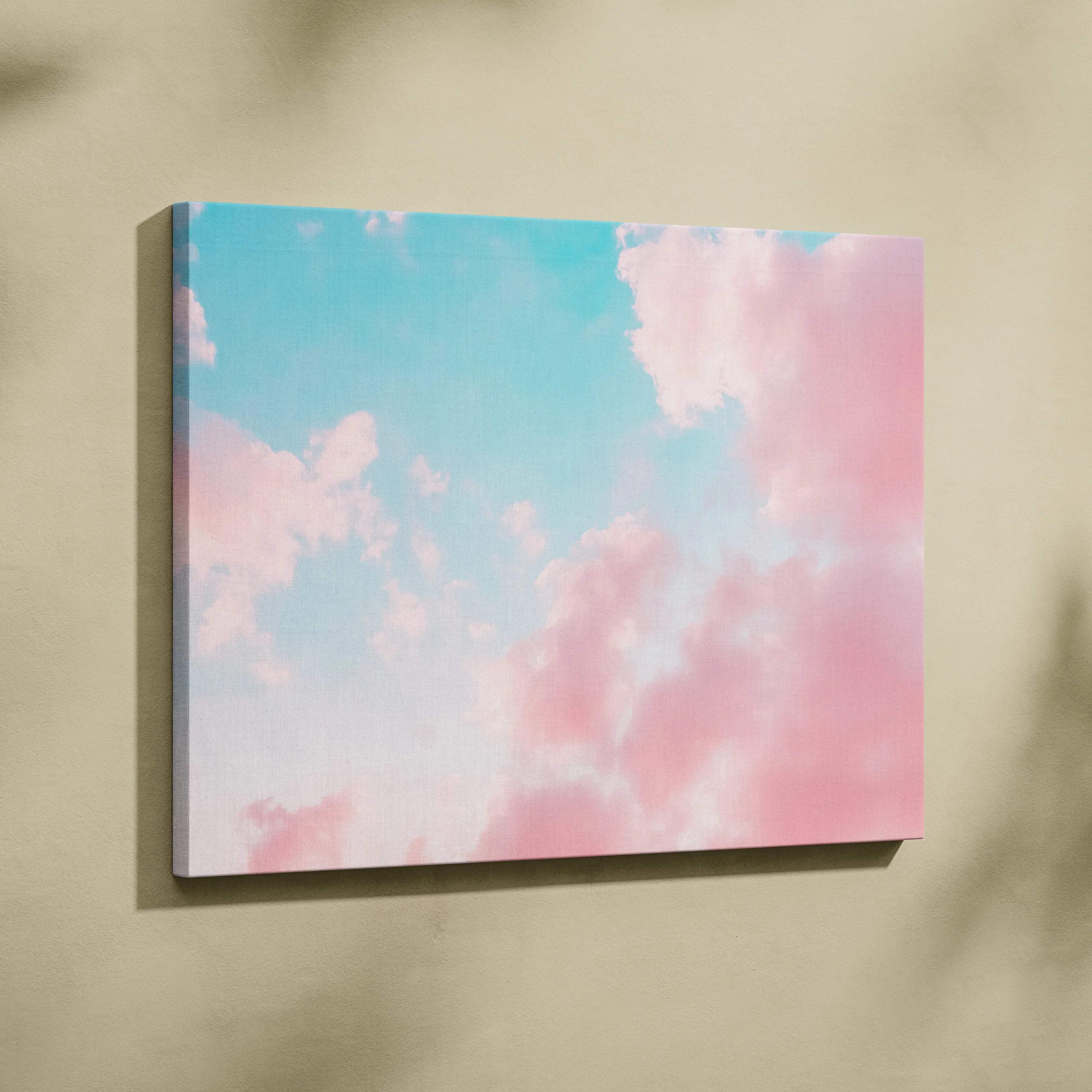 Pastel pink blue sky cloudscape canvas wall art in baby blue blush pink white