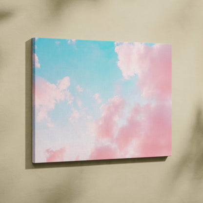 Pastel pink blue sky cloudscape canvas wall art in baby blue blush pink white