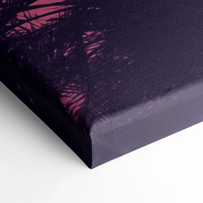 Close-up of purple and pink beach landscape canvas wall art corner with textured surface.