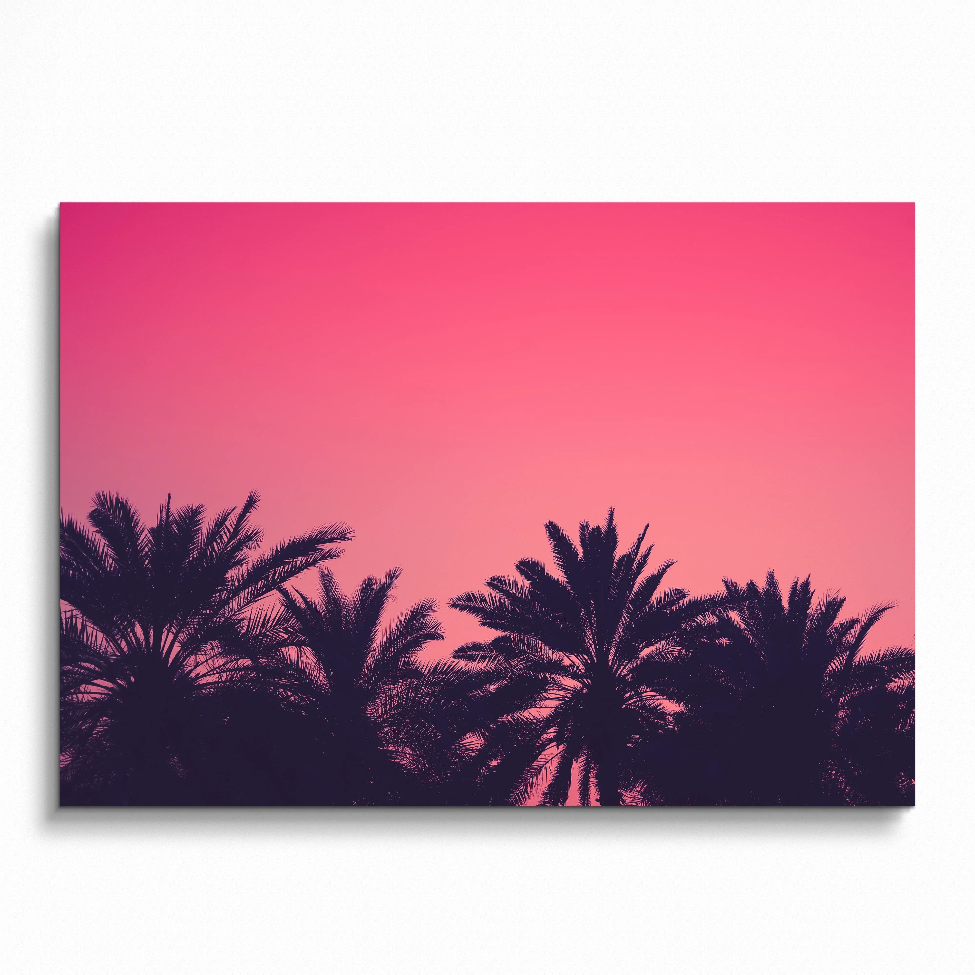 Serene beach digital art poster featuring silhouetted palm trees against a pink sunset sky wall art.