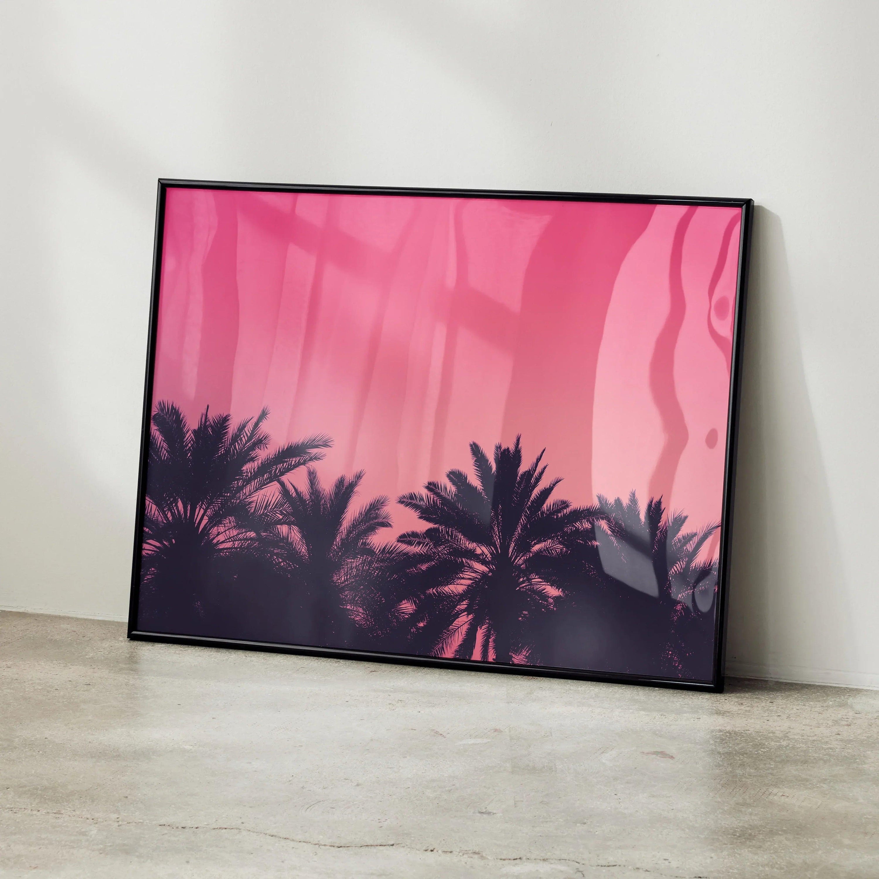 Serene Beach poster with pink sky and silhouetted palm trees, digital wall art decor.