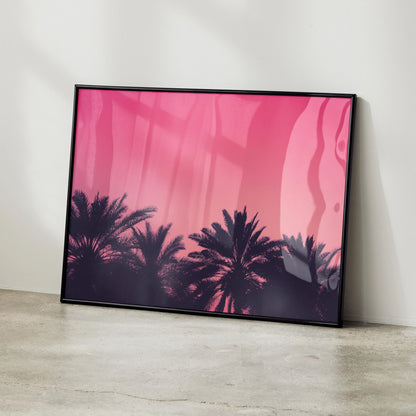 Serene Beach poster with pink sky and silhouetted palm trees, digital wall art decor.