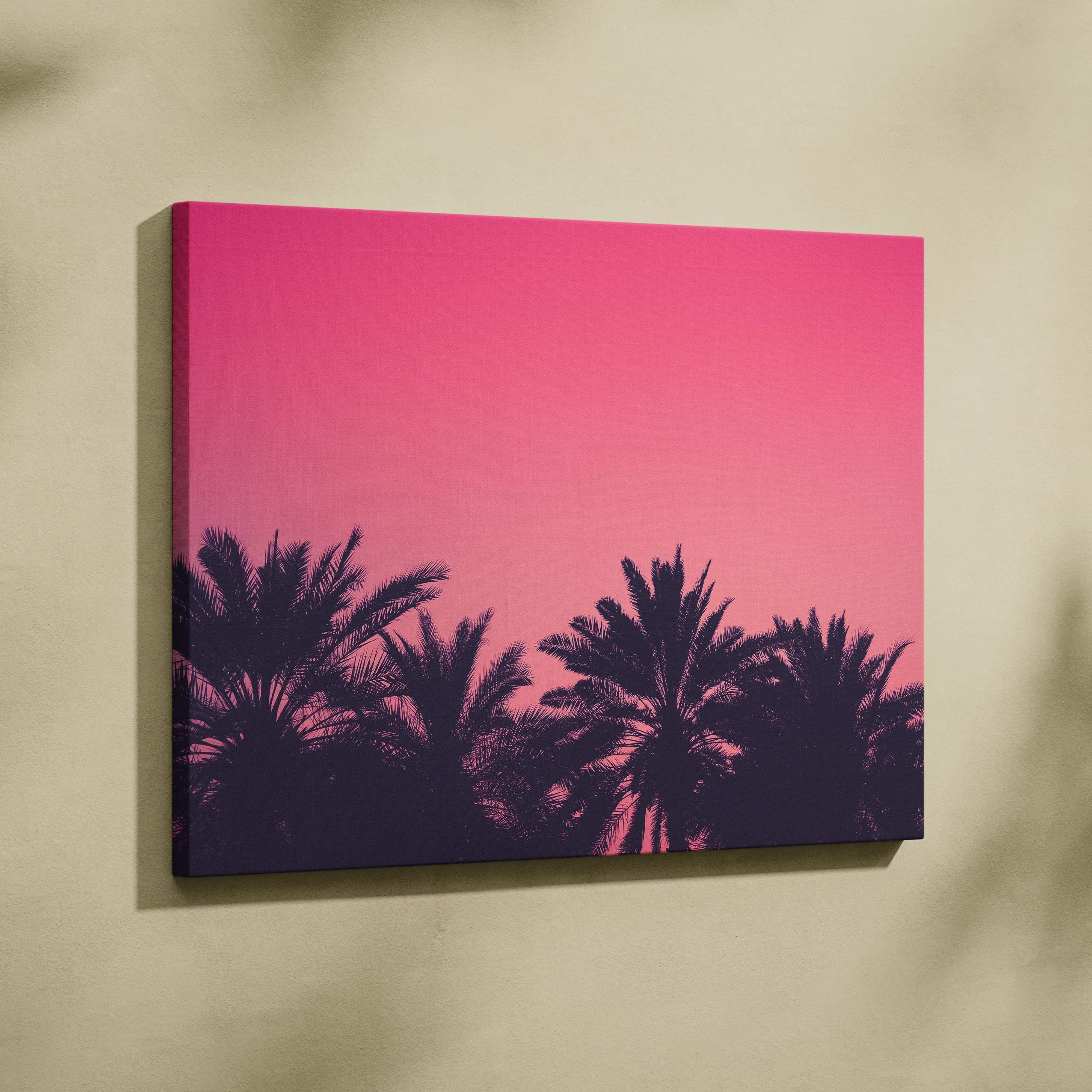 Serene beach landscape palm trees sunset silhouette pink sky navy horizon canvas wall art print with vibrant colors