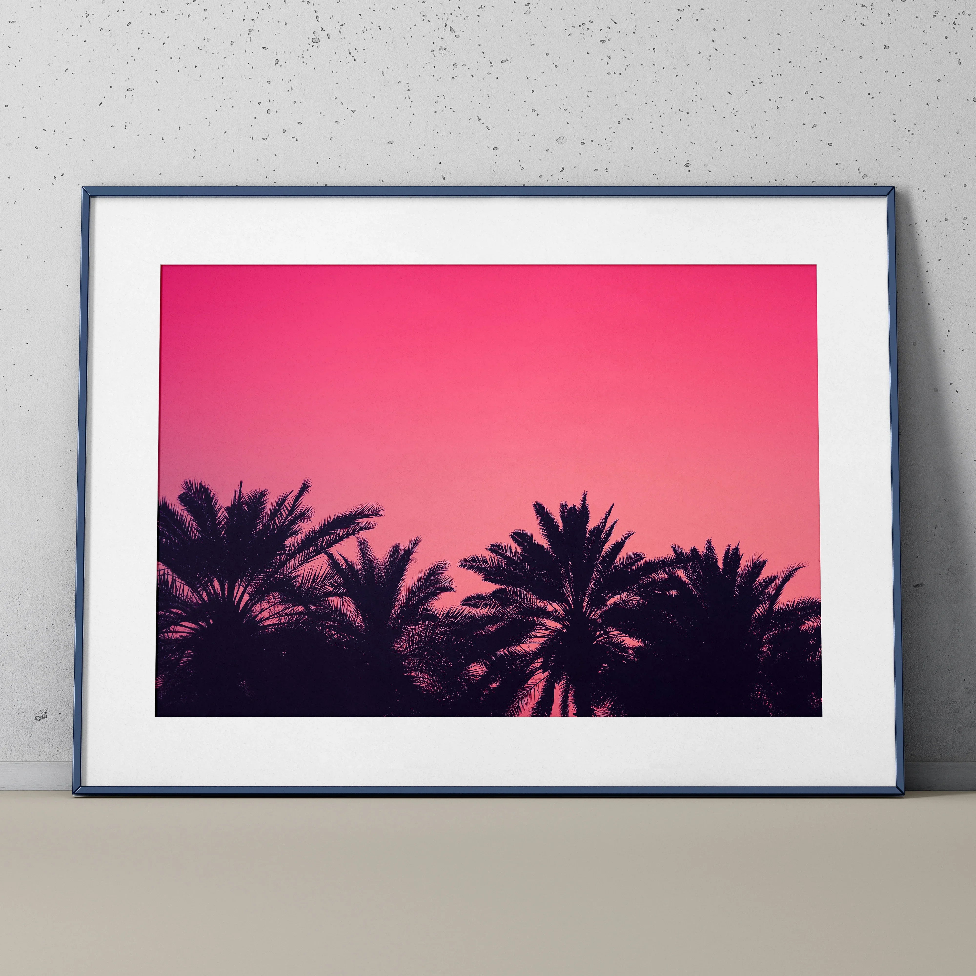 Serene beach digital art poster with silhouetted palm trees and vibrant pink sunset wall art.