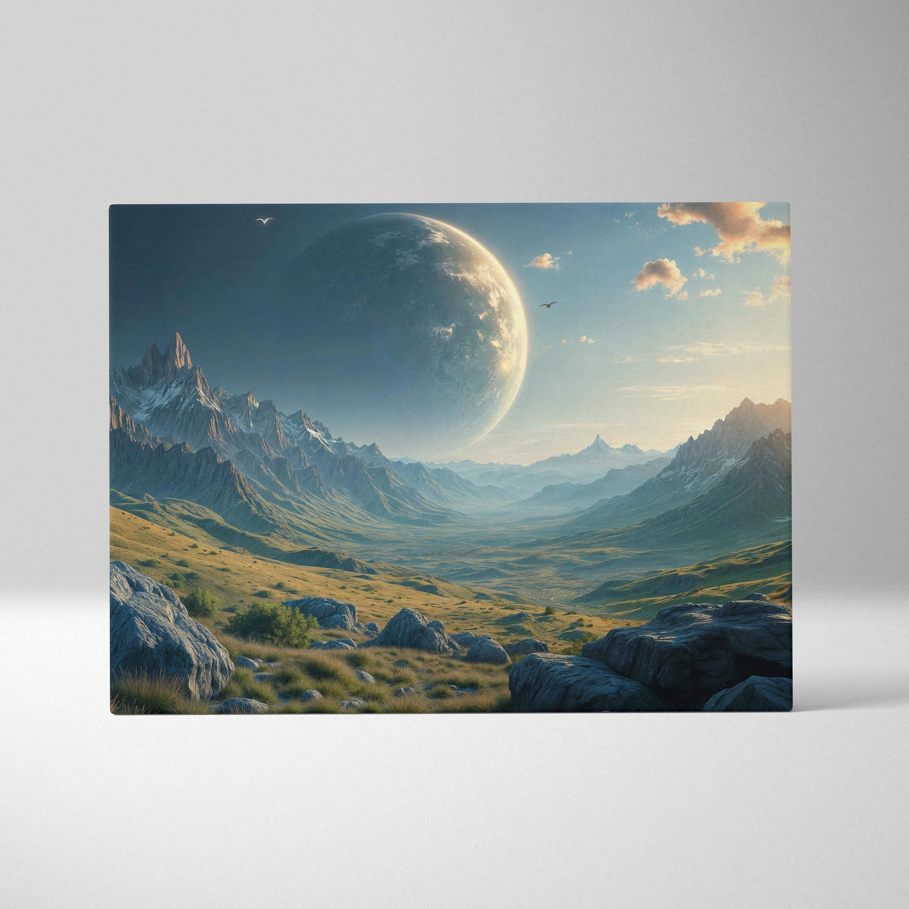 Epic alien planet over mountain valley canvas art with golden sunlight