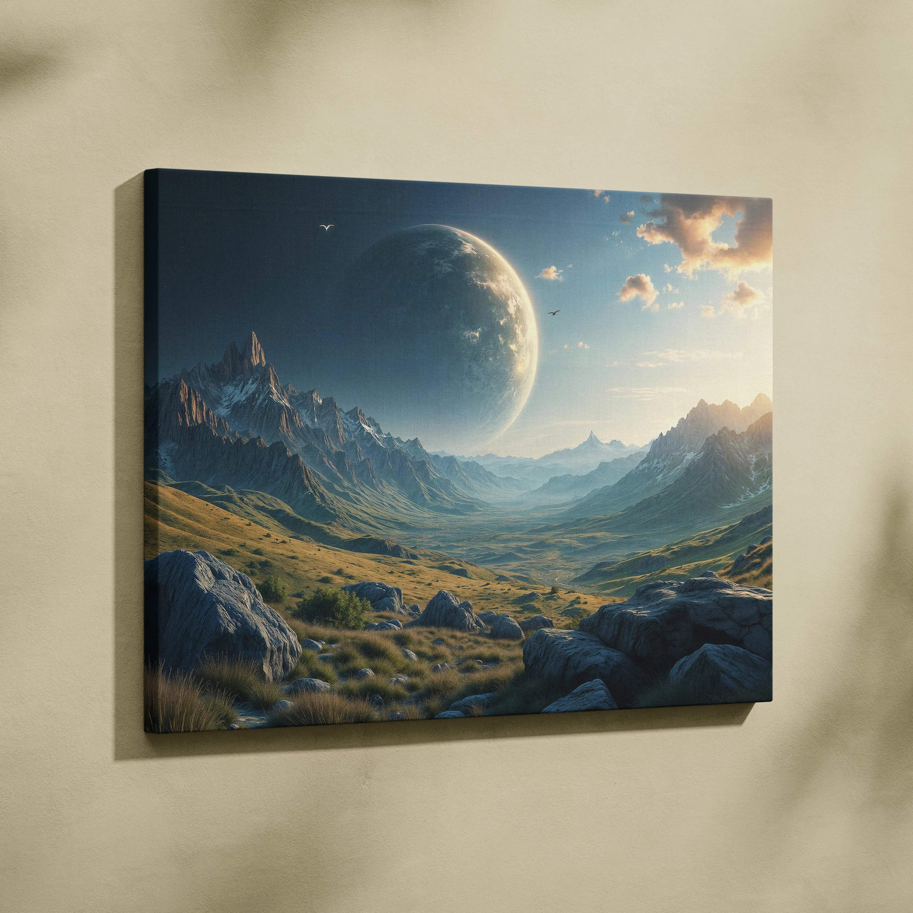 Epic alien planet over mountain valley canvas art with golden sunlight