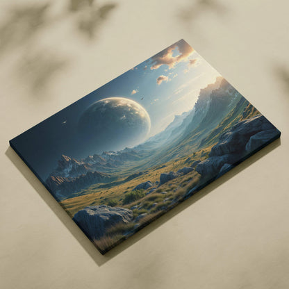 Epic alien planet over mountain valley canvas wall art with golden sunlight and emerald fields
