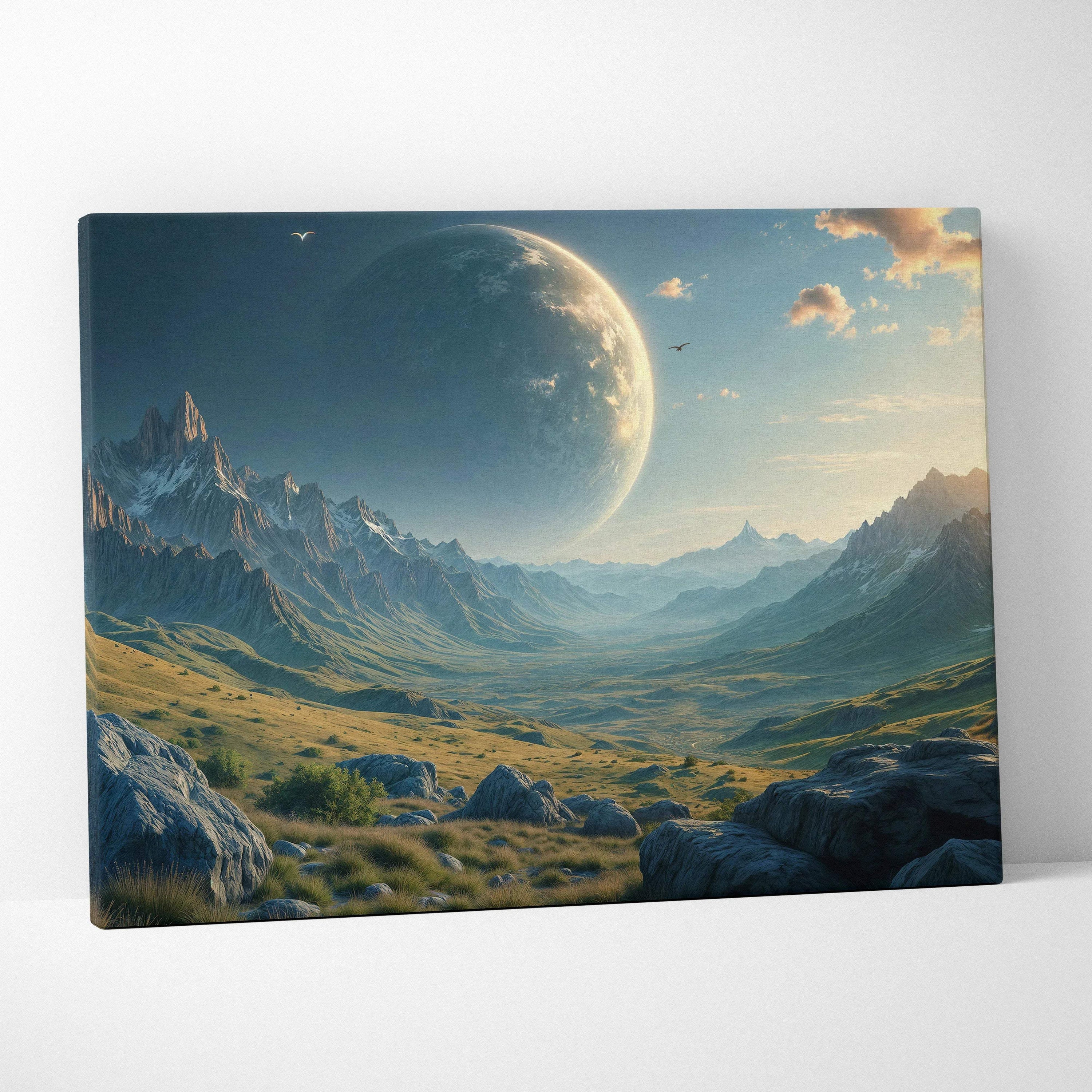 Epic alien planet over mountain valley canvas wall art with moon, birds