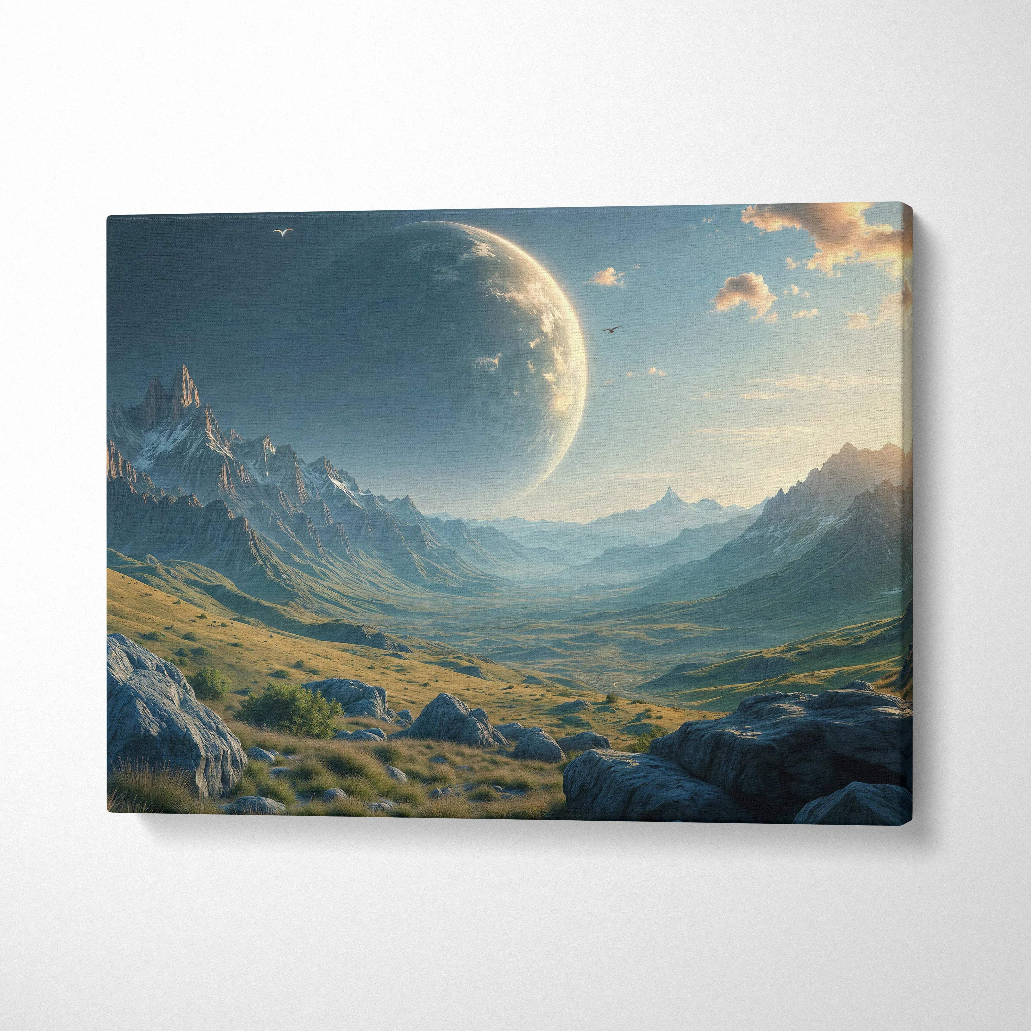 Epic alien planet over mountain valley canvas wall art
