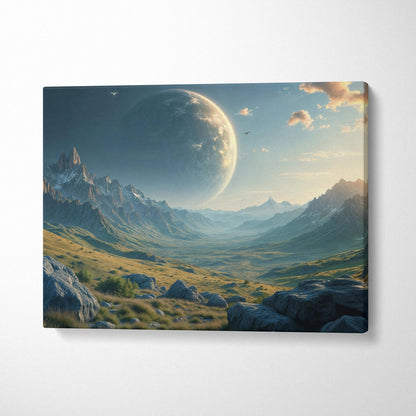 Epic alien planet over mountain valley canvas wall art